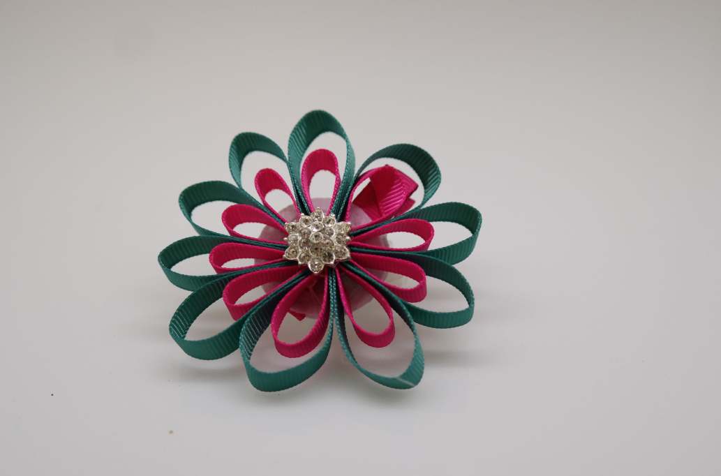 Small petal flower hair Bow with colors  Jade, Shocking Pink